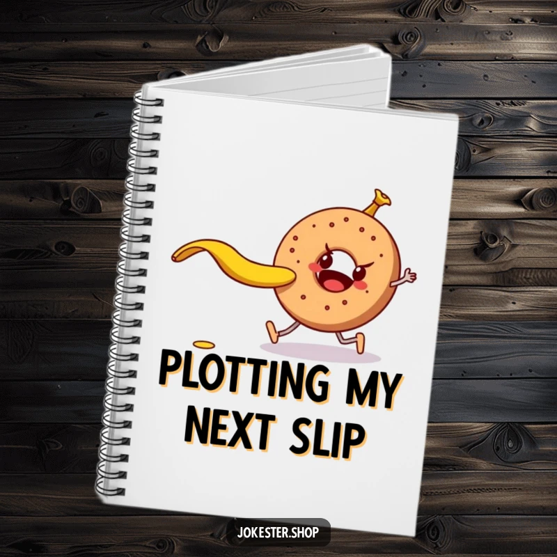 Funny mischievous banana peel about to trip a walking bagel, featured on a notebook cover, for jotting down humorous plans.