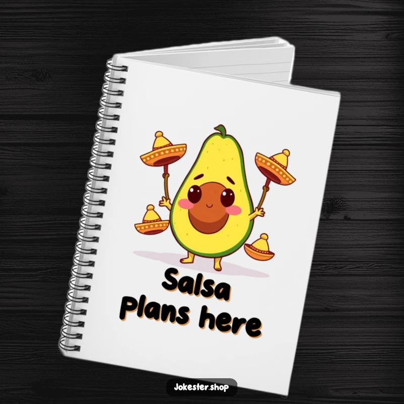 Funny notebook with a determined avocado character juggling three miniature sombreros, perfect for jotting down ideas with a festive flair.
