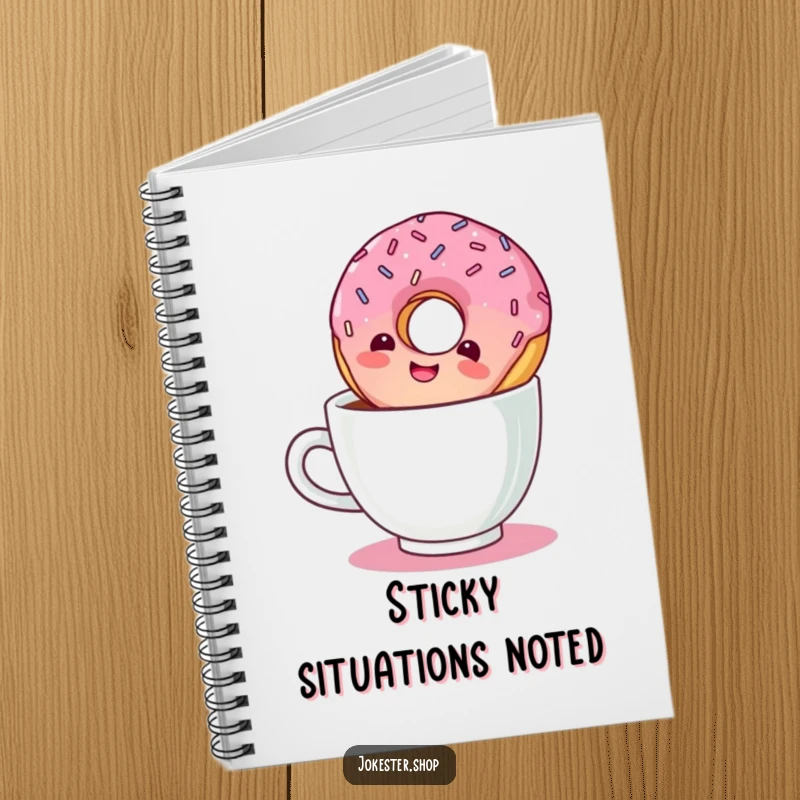 Funny notebook cover featuring a giggling donut with sprinkles floating upside down in a coffee cup.
