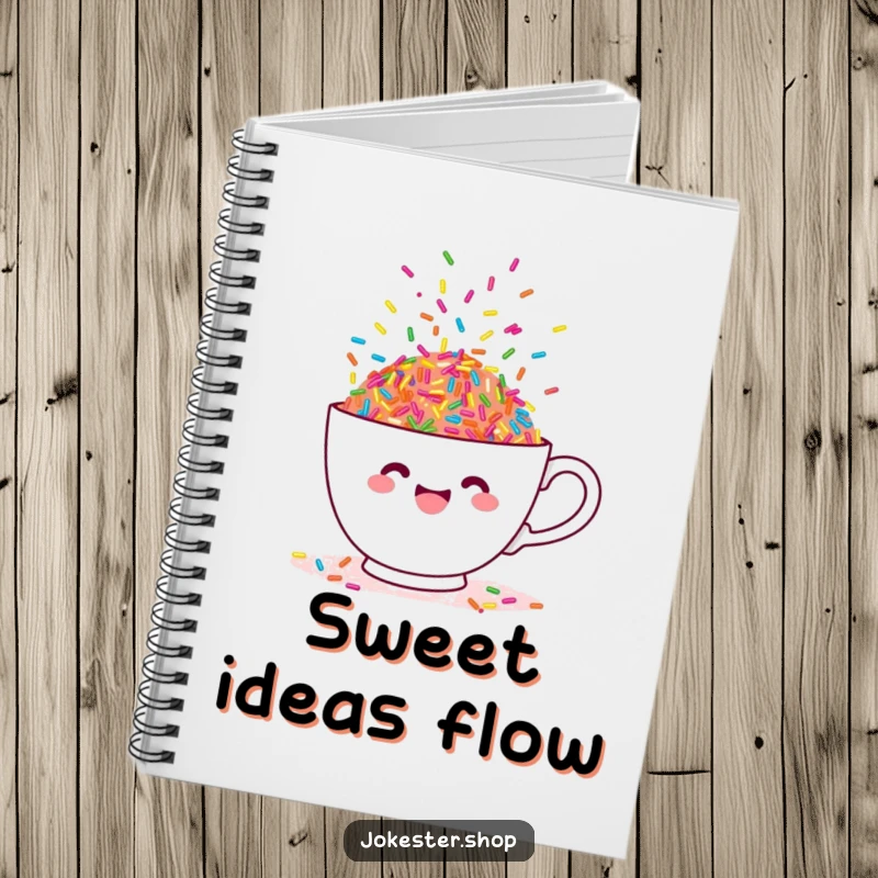 Funny notebook cover with a teacup overflowing with dancing sprinkles, ideal for creative notes.