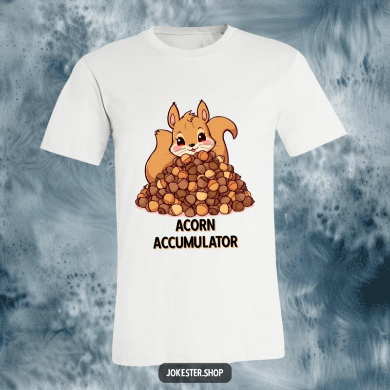Funny T-Shirt: Amusing illustration of a mischievous squirrel guarding a huge stash of acorns, full of personality.