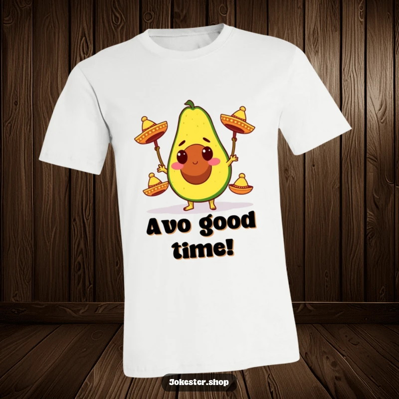 Funny t-shirt featuring a determined cartoon avocado character skillfully juggling three miniature sombreros, celebrating with a fiesta theme.
