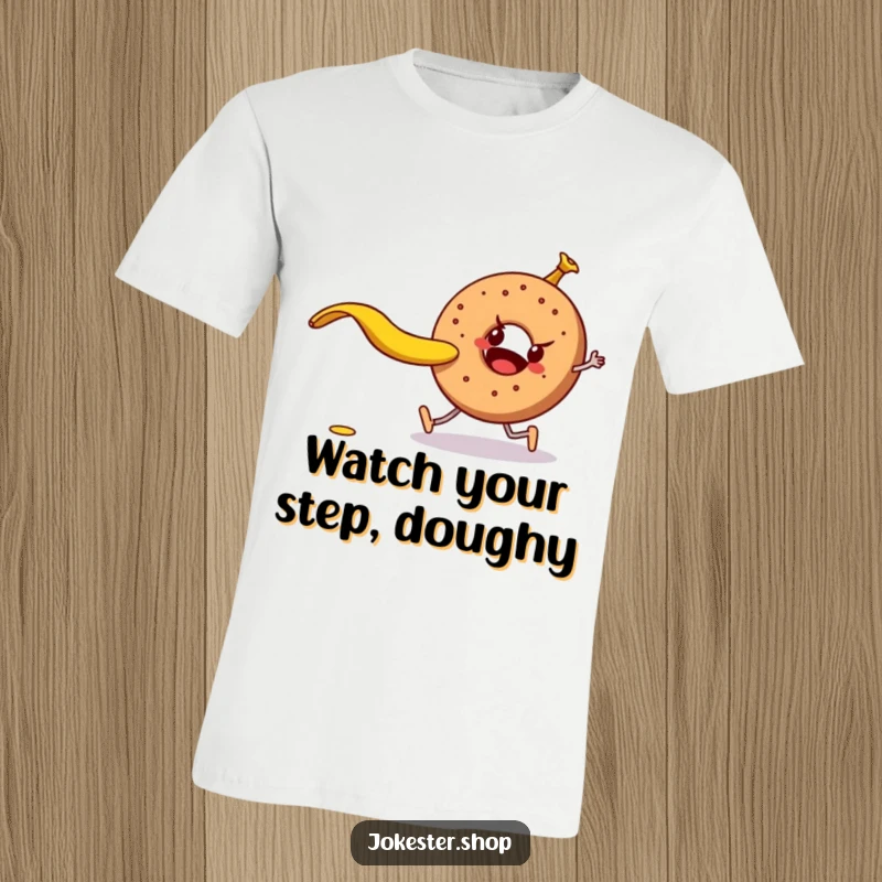 Mischievous banana peel trying to trip a walking bagel, printed on a soft t-shirt, showcasing a funny food rivalry.
