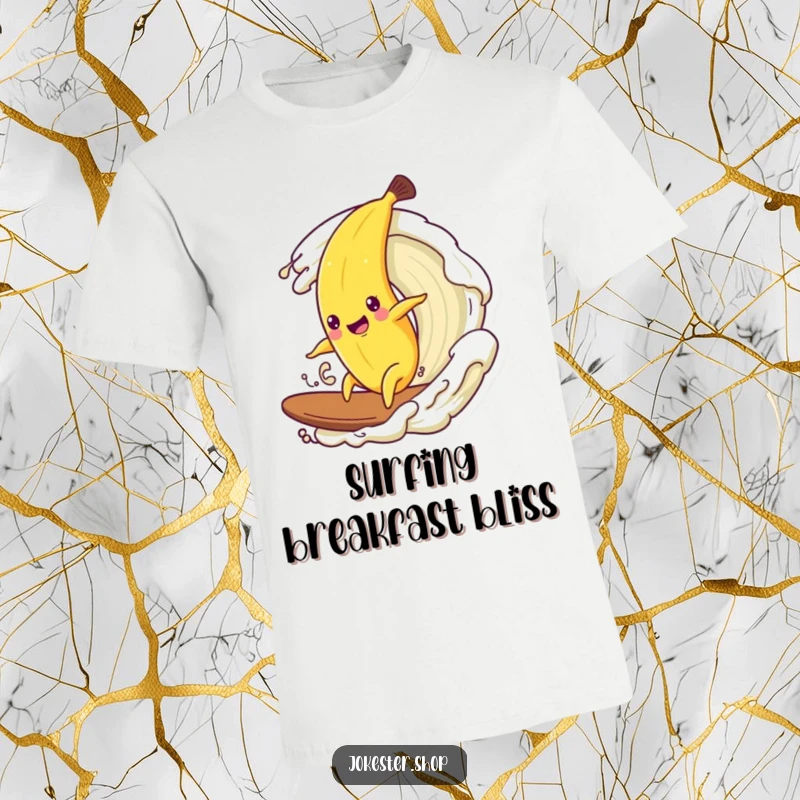 Funny t-shirt featuring a happy banana character trying to surf a big wave made entirely of cream.