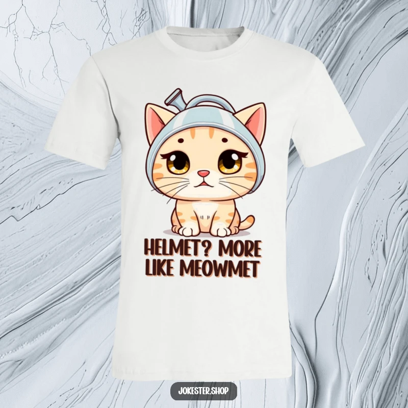 Funny cat t-shirt featuring a bewildered cat with wide eyes, accidentally wearing a watering can like a helmet, looking confused.