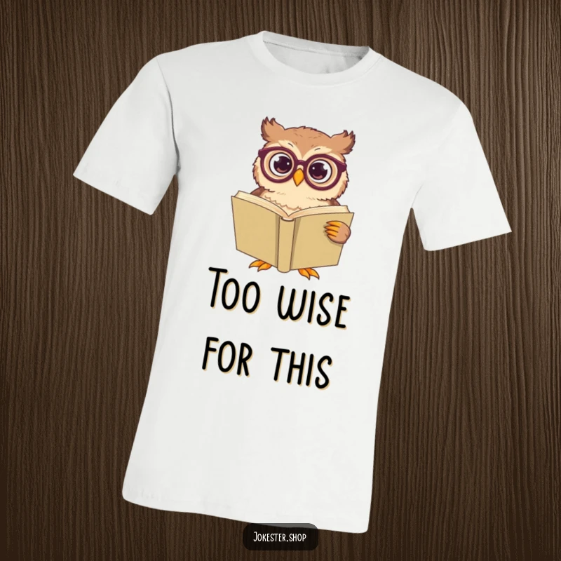 Funny owl wearing oversized spectacles, bewildered by a giant book, featured on this humorous t-shirt.