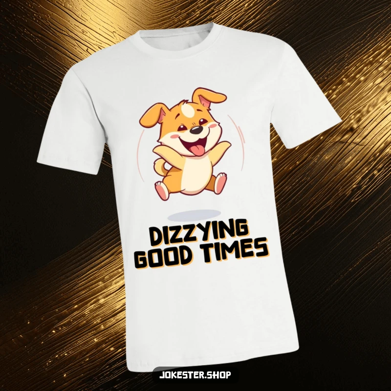 Funny dog spinning wildly in pursuit of its tail, sporting a wide, goofy grin on this hilarious t-shirt.