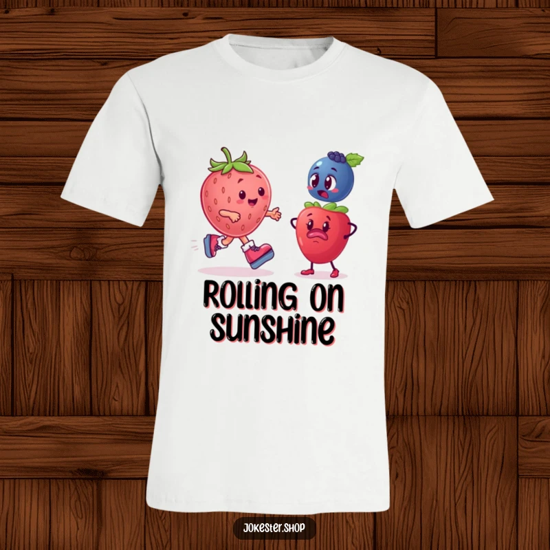 Funny Fruit T-Shirt: A plump strawberry wearing roller skates speeds past a comically bewildered blueberry, depicting a funny fruit moment.