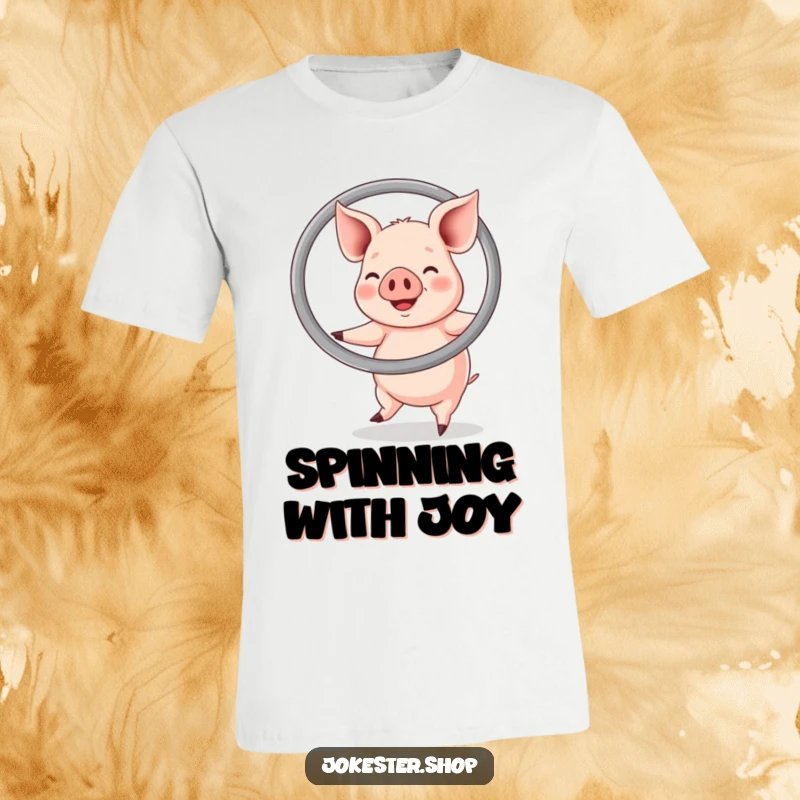 Funny t-shirt graphic of a joyful pig enthusiastically hula hooping with an oversized ring, a celebration of fun.