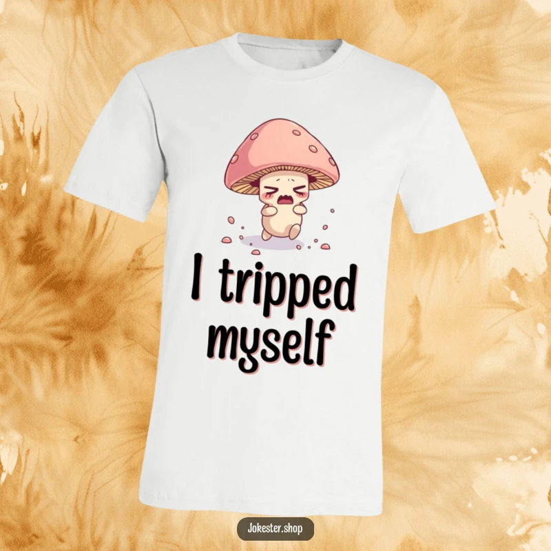 Funny t-shirt illustration of a nervous mushroom character tripping over its cap, scattering spores hilariously.