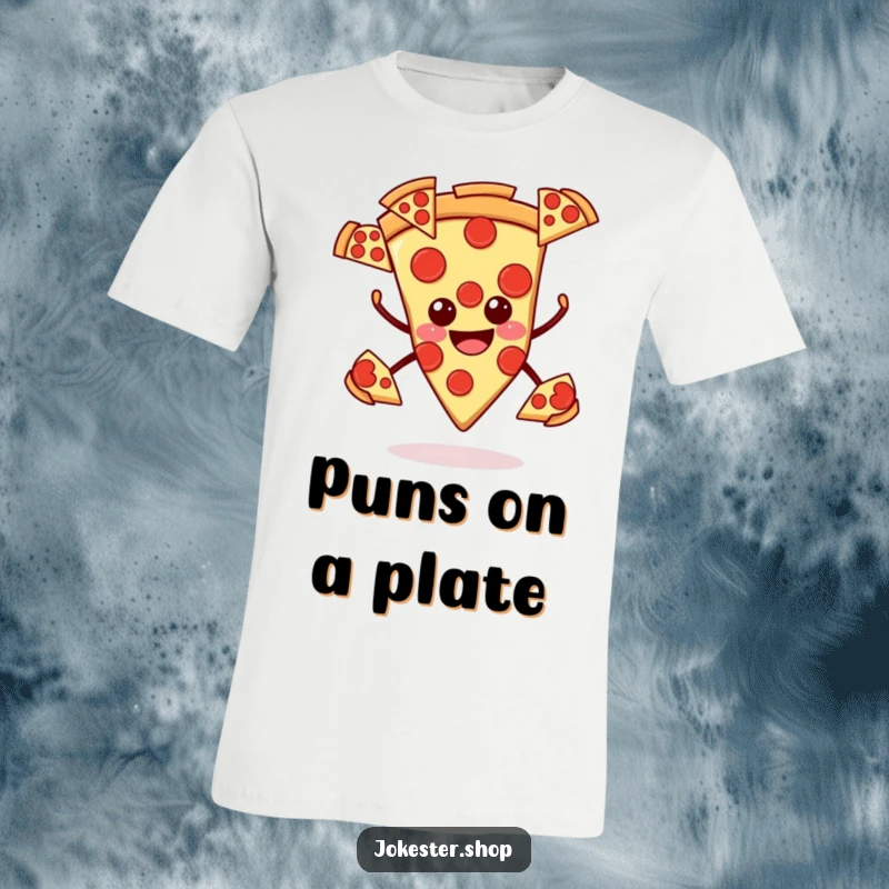 Funny pizza t-shirt, smiling slice juggling multiple pepperoni slices, a humorous and appetizing design for casual wear.