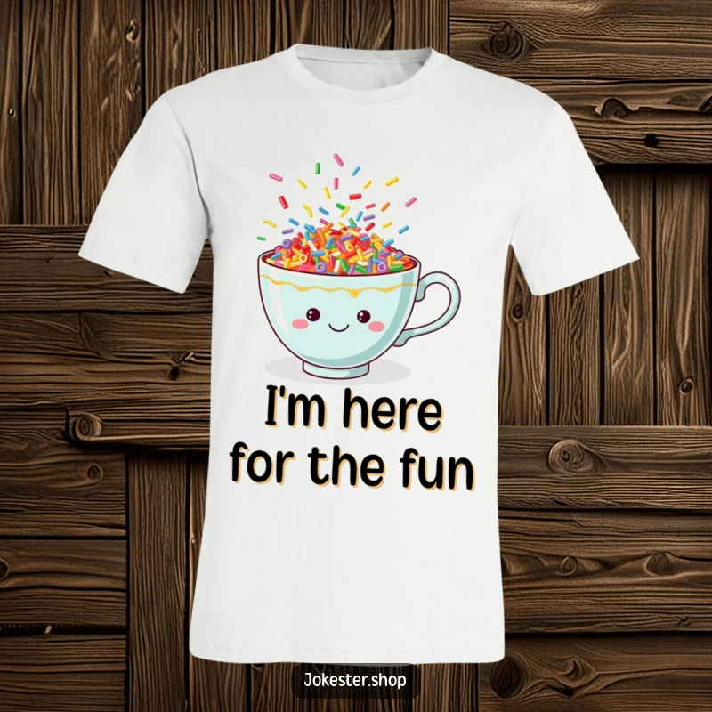 Funny teacup t-shirt bursting with cheerful, dancing sprinkles, symbolizing a vibrant and happy personality, ideal for casual wear.