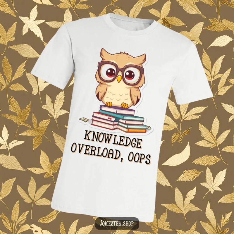 Funny owl character with oversized glasses, looking shocked as books tumble down. A humorous t-shirt for funny gift shoppers.