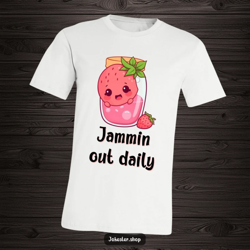 Funny cheerful strawberry stuck in a jam jar, looking surprised, cartoon apparel for expressing surprise and fun, great funny gift.