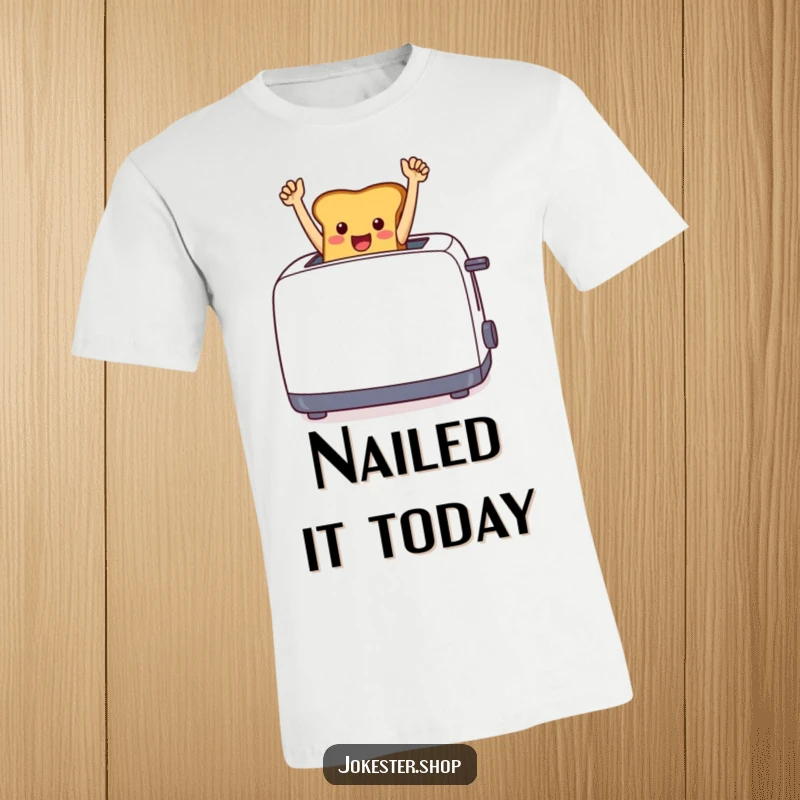 Funny cheerful toast leaping from a toaster, arms raised in a triumphant pose, on a graphic t-shirt.