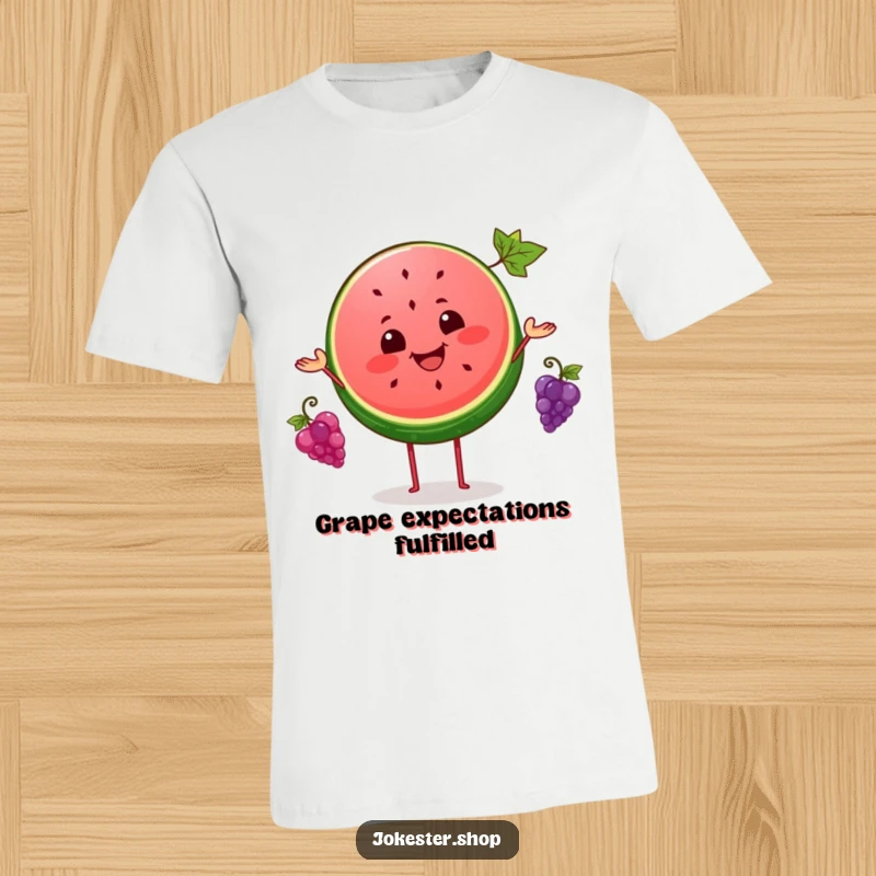 Funny t-shirt featuring a happy watermelon slice energetically juggling three small grapes, symbolizing playful antics and summer vibes.
