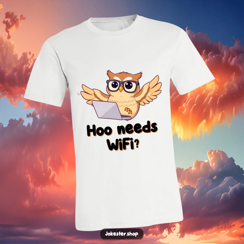 Funny confused owl t-shirt with glasses, attempting to fly with a laptop, capturing the absurdity of technology.