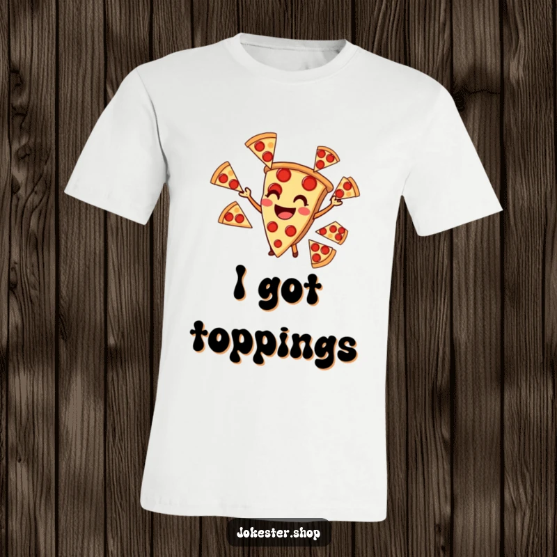 Funny t-shirt design of a smiling pizza slice expertly juggling several pepperoni slices, a celebration of deliciousness.