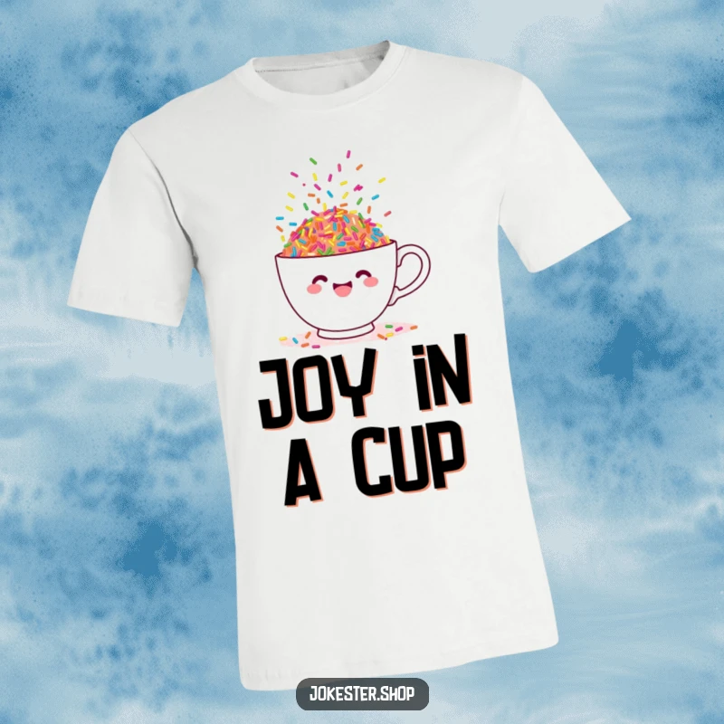 Funny t-shirt design of a cheerful teacup overflowing with lively, dancing sprinkles, a celebration of sweetness.