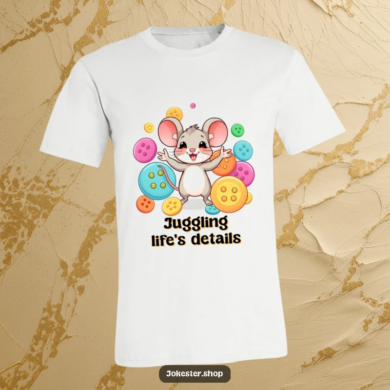 Funny mouse character joyfully juggling an array of oversized, vibrant buttons. A humorous t-shirt for funny gift seekers.