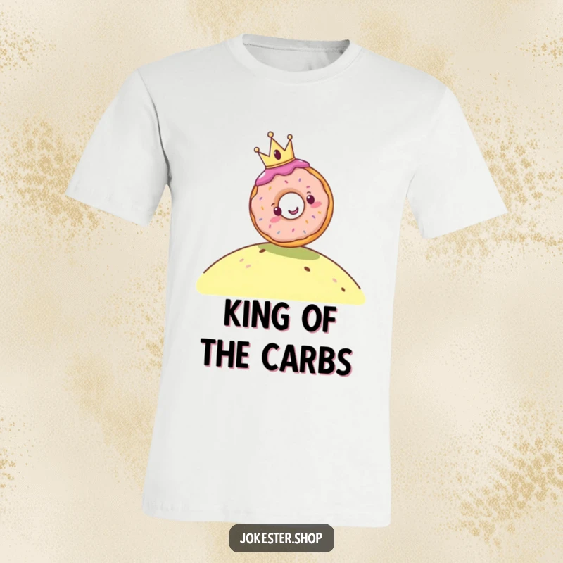 Funny t-shirt showing a cheerful donut wearing a tiny crown rolling down a hill, celebrating sugary fun and a regal, whimsical attitude.