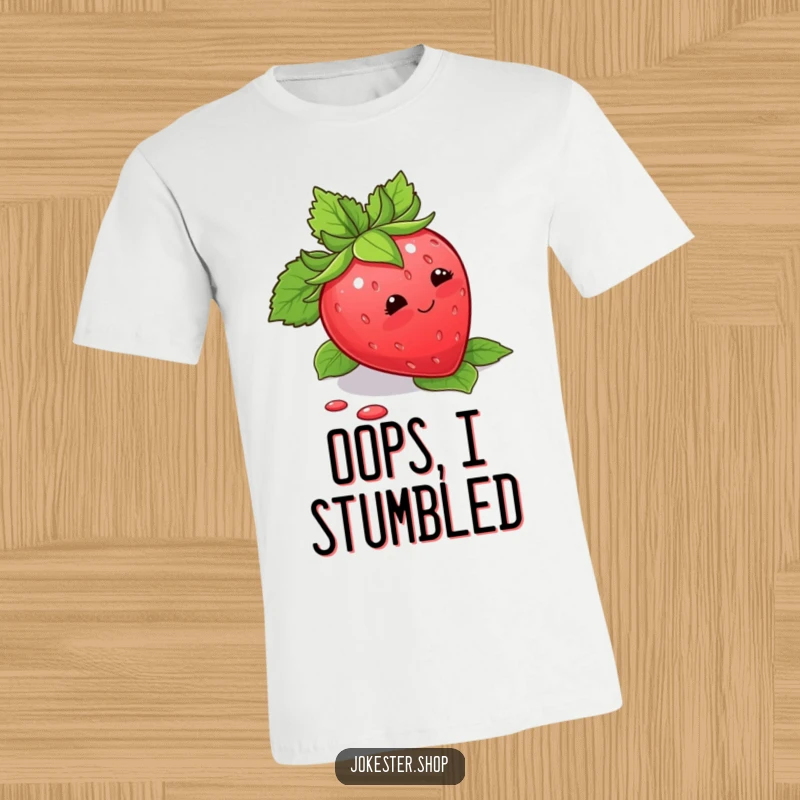 Funny T-Shirt displaying a blushing strawberry comically tripping over its leaves, capturing a moment of sweet embarrassment.