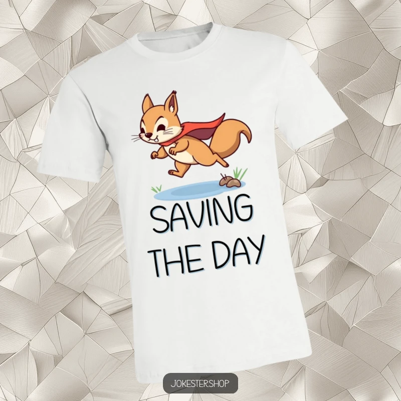 Funny squirrel t-shirt with a determined squirrel in a superhero cape, leaping bravely over a small puddle, a true hero.