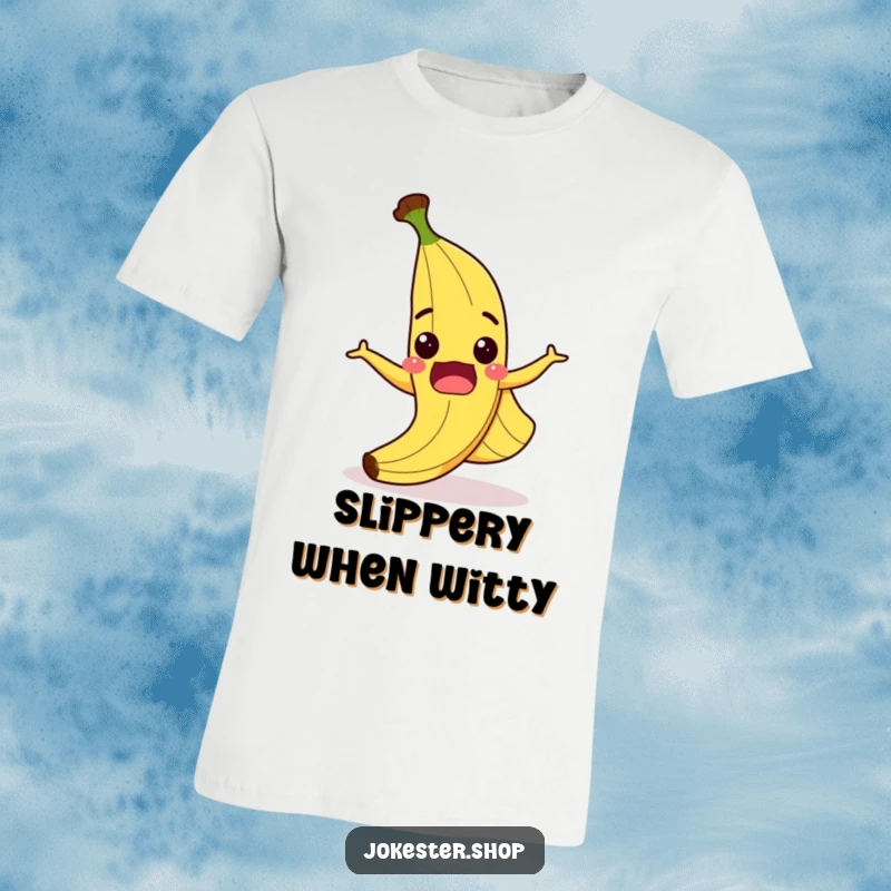 Funny t-shirt with a cartoon banana peel comically slipping on itself, wide grin, ideal for lovers of slapstick humor.
