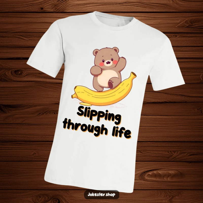 Funny t-shirt design of a plump bear hilariously attempting and failing to climb a slippery banana peel, full of action.