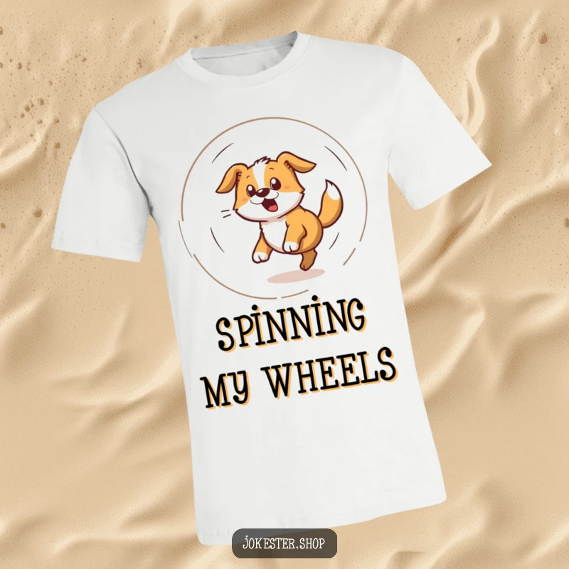 Funny t-shirt design showing a dog spinning rapidly in a dizzy circle while chasing its tail, capturing pure joy.