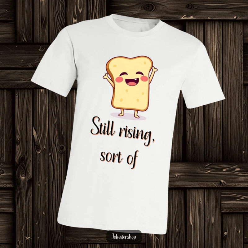 Funny t-shirt with a giggling toast slice wobbling precariously while attempting a handstand, celebrating breakfast fun.