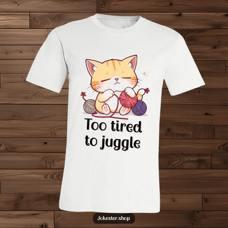 Funny t-shirt depicting a sleepy cat struggling to juggle yarn balls, eyes half-closed, showcasing humorous exhaustion and a love for sleep.