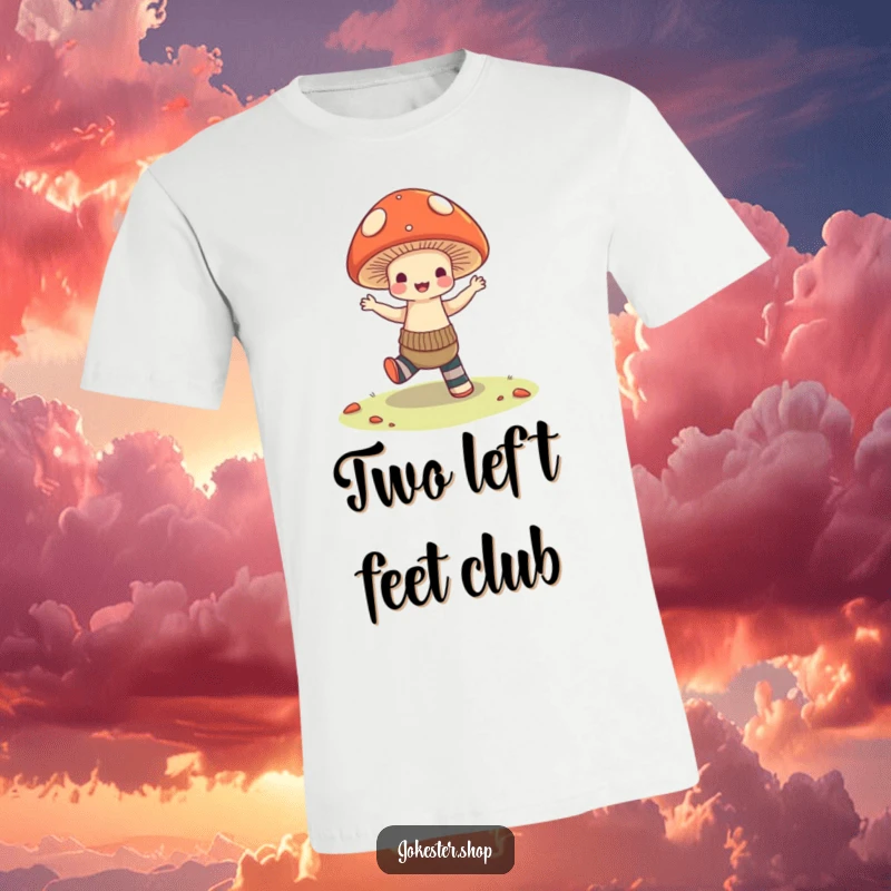 Funny T-Shirt: A mushroom with a determined yet clumsy dance pose, sporting wildly mismatched socks, embodying a spirit of joyful, uncoordinated movement.
