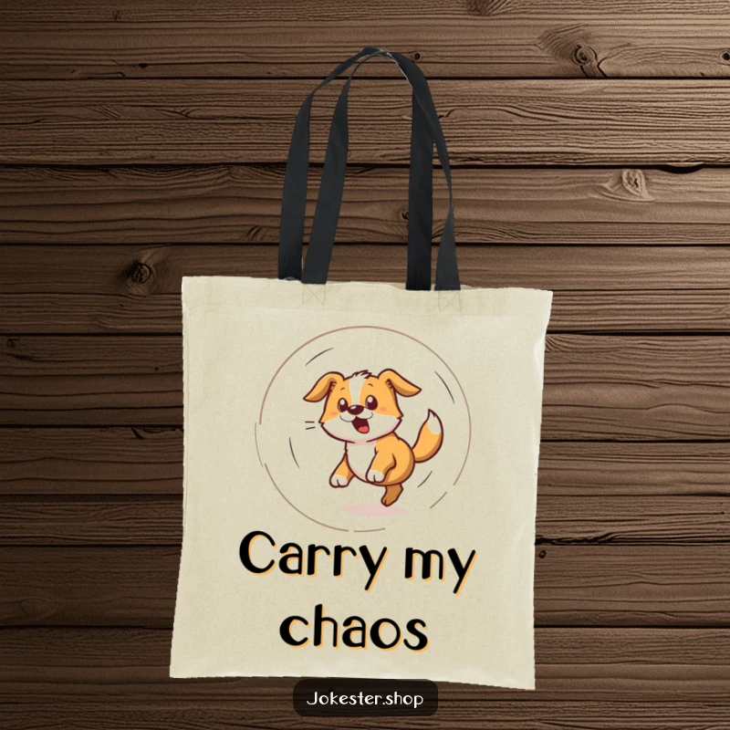 Funny tote bag featuring a bewildered dog caught in a dizzying spiral while chasing its tail, a symbol of energy.