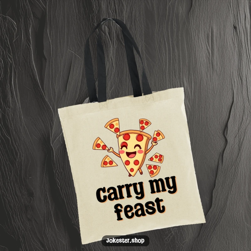 Funny tote bag featuring a smiling pizza slice juggling several pepperoni slices, a whimsical food accessory.