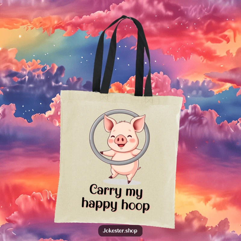 Funny tote bag illustration of a happy pig energetically hula hooping with an oversized ring, a cheerful and fun design.