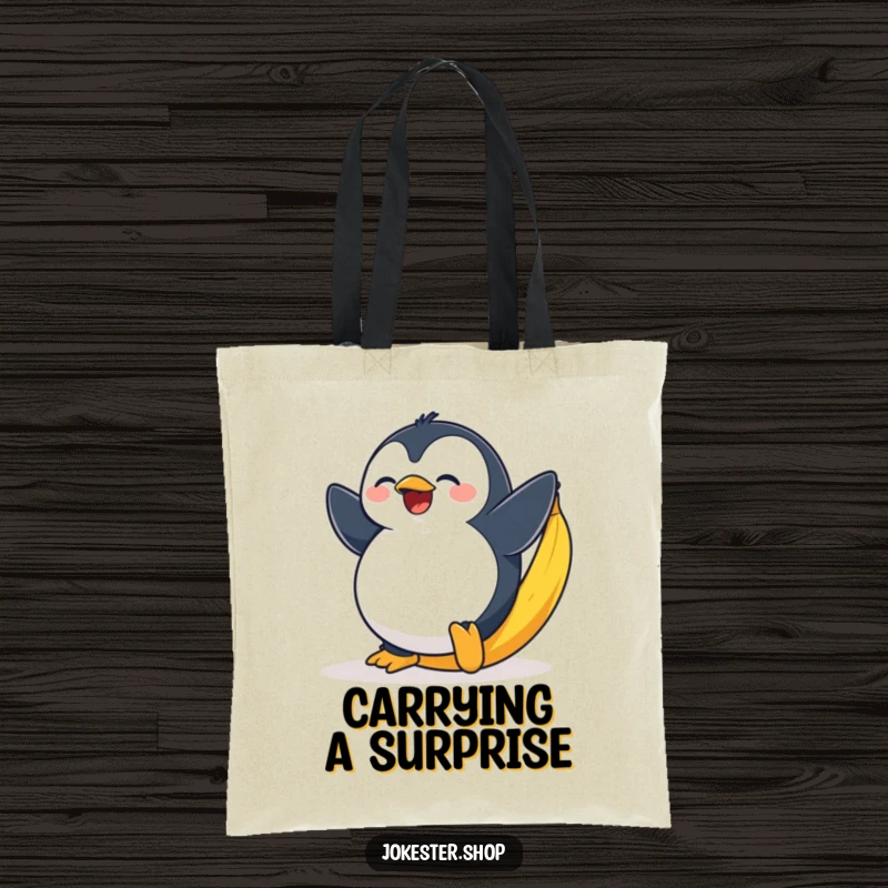Funny tote bag featuring a plump penguin comically slipping on a bright yellow banana peel with surprise.
