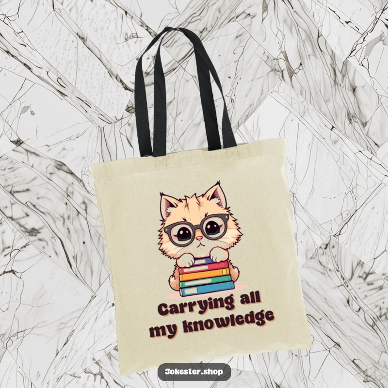 Funny illustration of a fluffy cat wearing glasses, trying to balance a huge stack of books while on a tote bag.