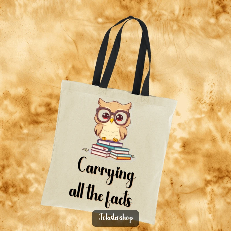 Funny owl character with spectacles, dropping a stack of books. A durable and funny tote bag for book enthusiasts.