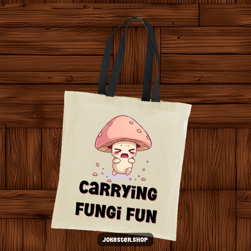 Funny tote bag with a nervous mushroom character tripping over its cap, scattering spores comically.
