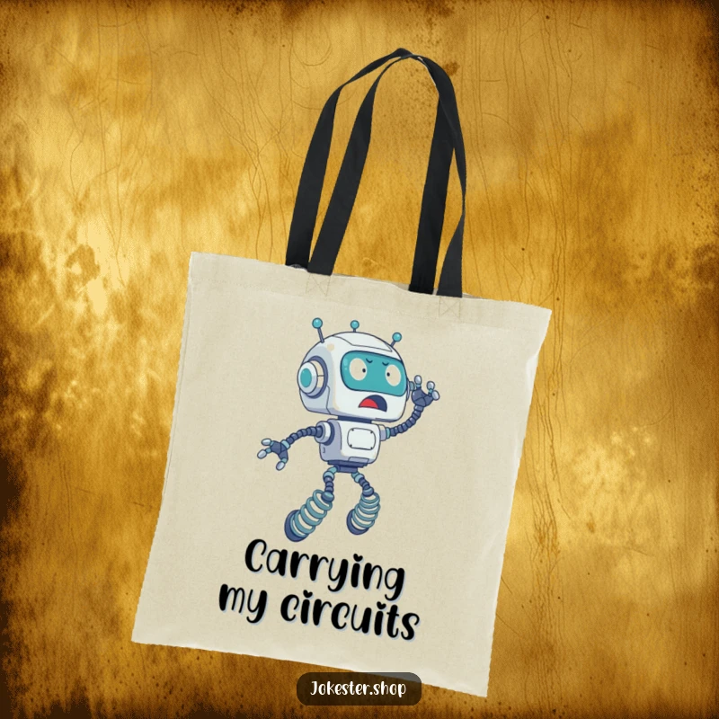Funny tote bag with a surprised robot on spring legs accidentally launching upwards, ideal for carrying daily items with mechanical humor.