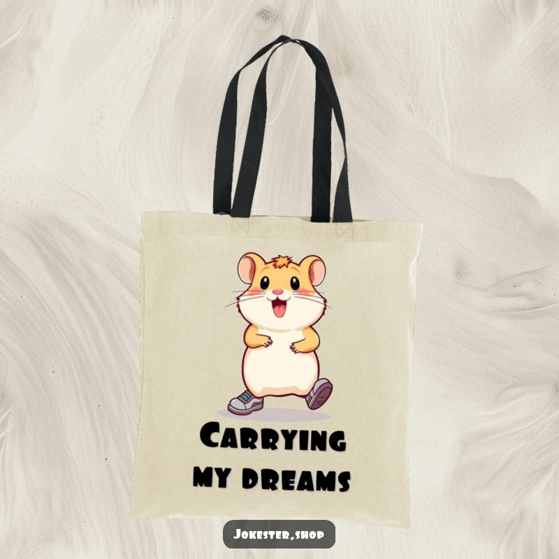 Funny hamster in tiny running shoes, comically sprinting in place, on a durable tote bag, perfect for humorous grocery runs.