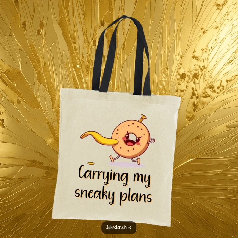Funny mischievous banana peel about to trip a walking bagel, on a durable tote bag, a humorous and practical accessory.