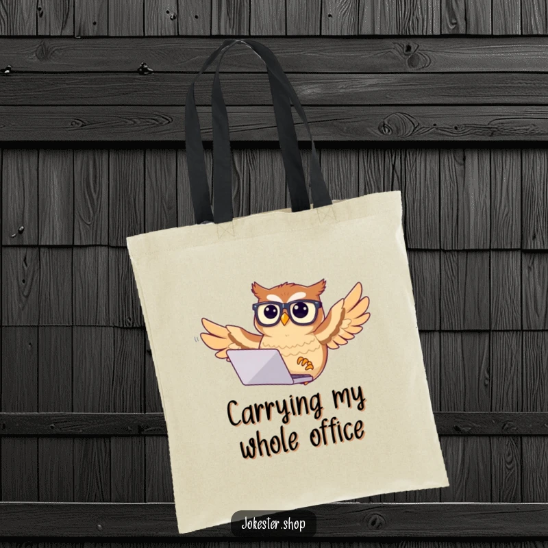 Funny owl tote bag showing a confused owl with glasses trying to fly with a laptop, perfect for carrying tech gear humorously.