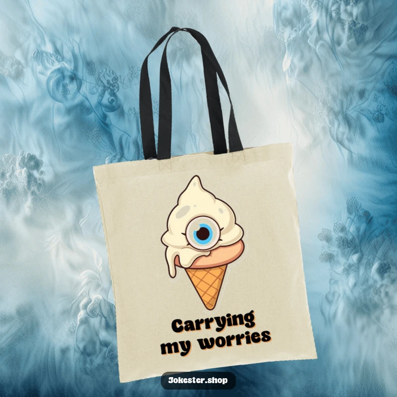 Funny melting ice cream cone with one giant eye, looking confused, a sturdy tote bag for errands, expressing funny bewilderment, a funny gift.