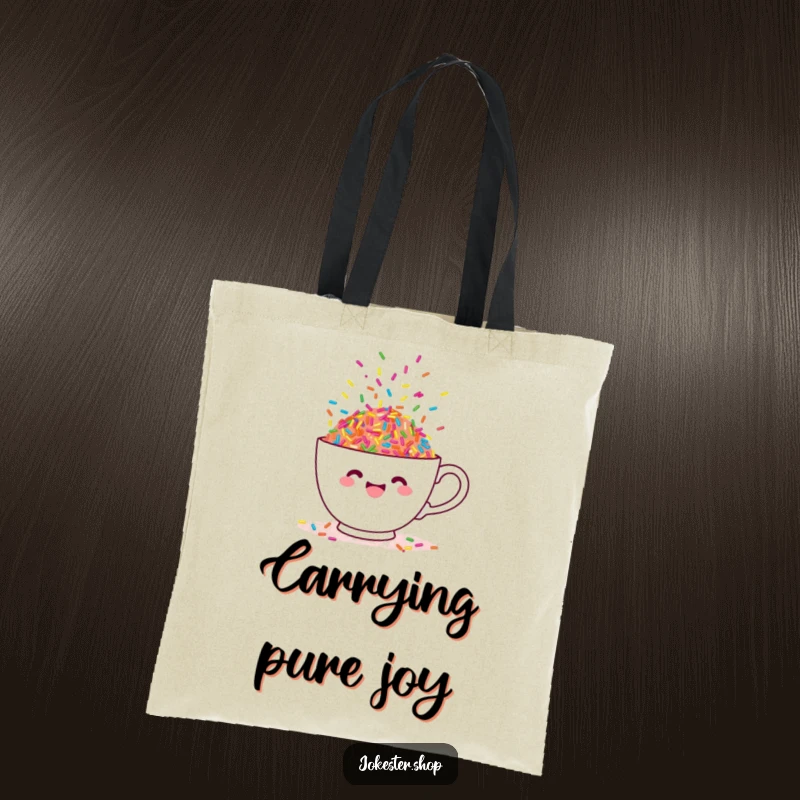Funny tote bag featuring a cheerful teacup overflowing with colorful, dancing sprinkles, a whimsical accessory.