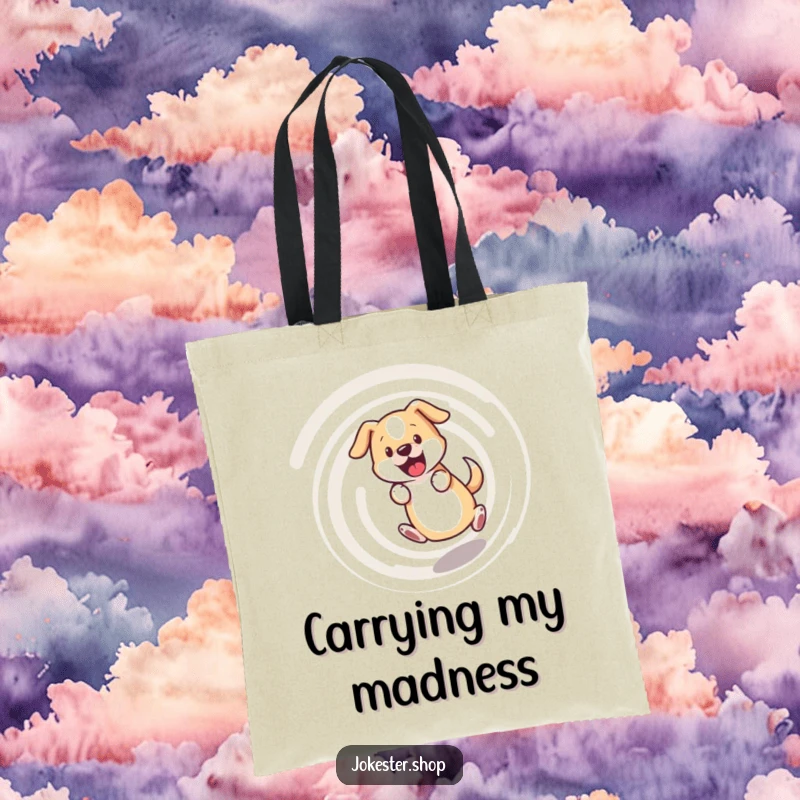 Funny dog tote bag, bewildered dog chasing its tail in a dizzying spiral, a humorous and practical accessory for pet lovers.