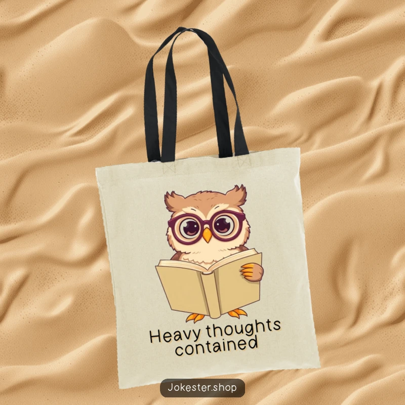 Funny owl wearing large spectacles, looking bewildered while attempting to read a huge book, printed on a tote bag.