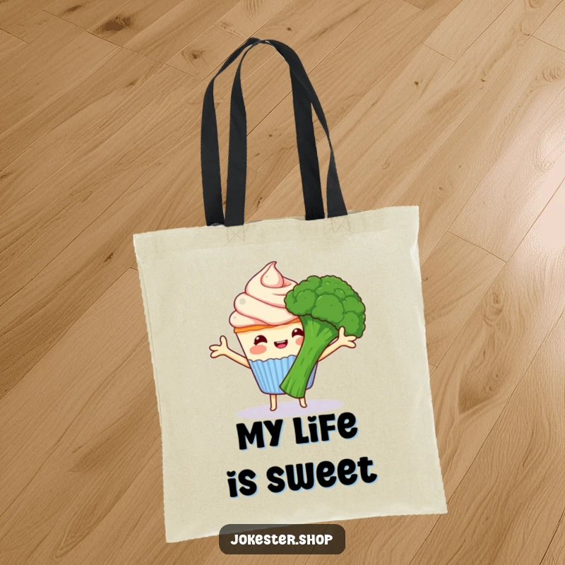 Funny happy cupcake with frosting arms hugging grumpy broccoli, a durable tote bag for carrying items, showcasing funny food friends, a funny gift.