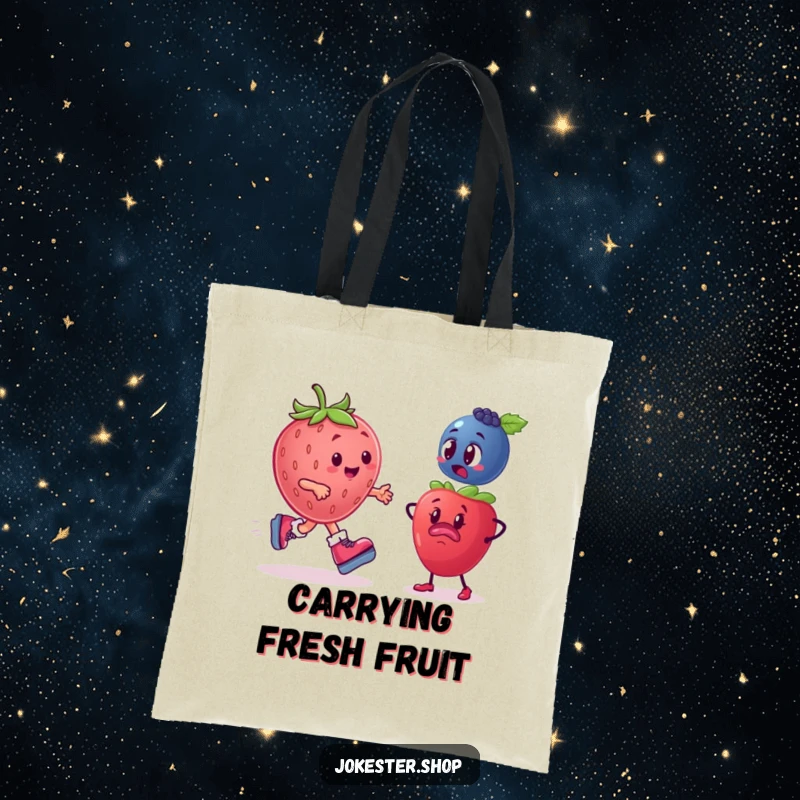 Funny Fruit Tote Bag: Features a plump strawberry on roller skates swiftly passing a bewildered blueberry, adding humor to your bag.